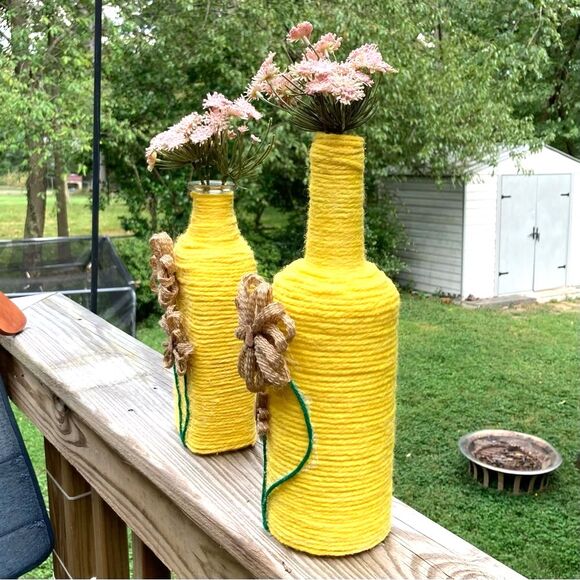 Bud Vases Recycled Glass Flower Yarn Wrapped Yellow Brown Green Set of 2 - Picture 9 of 14